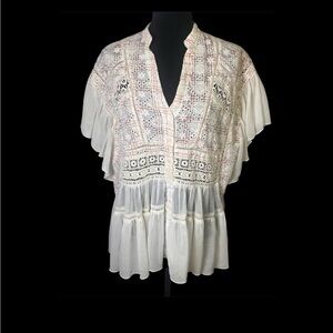 Anthropologie Akemi + Kin Lindy Popover Blouse Eyelet Crochet Ruffle Ivory Sz M
